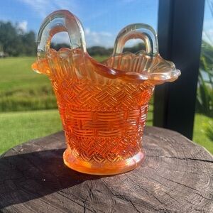 Antique Dugan Diamond Beaded Basket Marigold Carnival Glass Dish Handle Weave